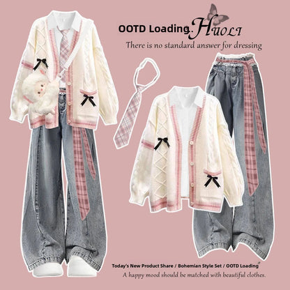 Korean Style Winter College Fashion Knitted Cardigan Jacket Beautiful Unique Miu Series Sweater Three Piece Set High Waist Pa...