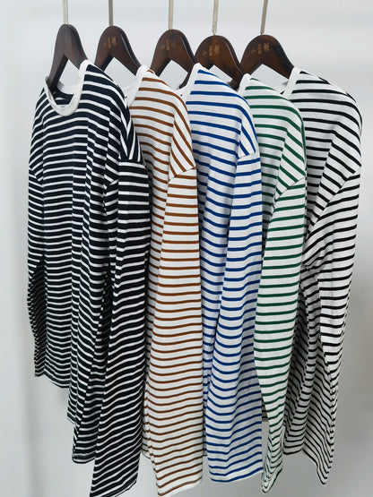 Bornladies 2025 Summer Long Sleeve Striped T-Shirts Women Basic Casual Tops Female Cozy Loose Cotton Tees Harajuku T Shirt New