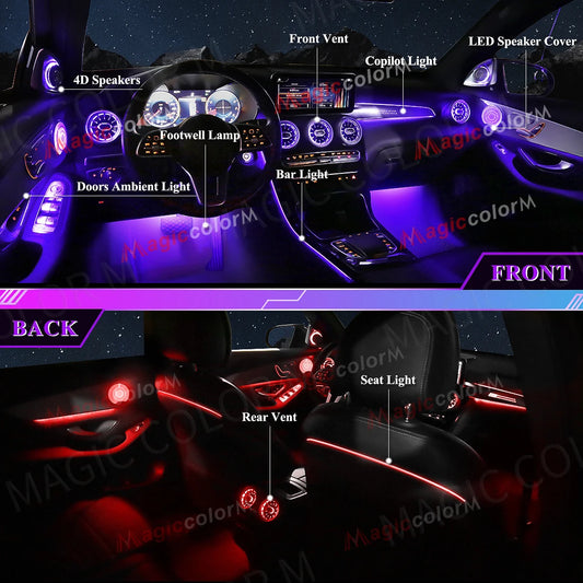 For Mercedes-Benz W205 C GLC X253 2014 - 2019 Car Ambient Lights 64 Colors RGB LED Vents Speaker Foot Decorative Lights Retrofit