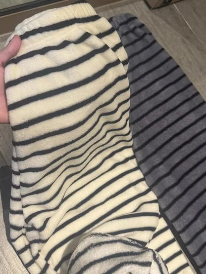 Thickened Flannel Sleep Pants Coral Fleece Leisure Long Pants Winter Home Clothes Stripe Pattern Unisex Warm Home Pants