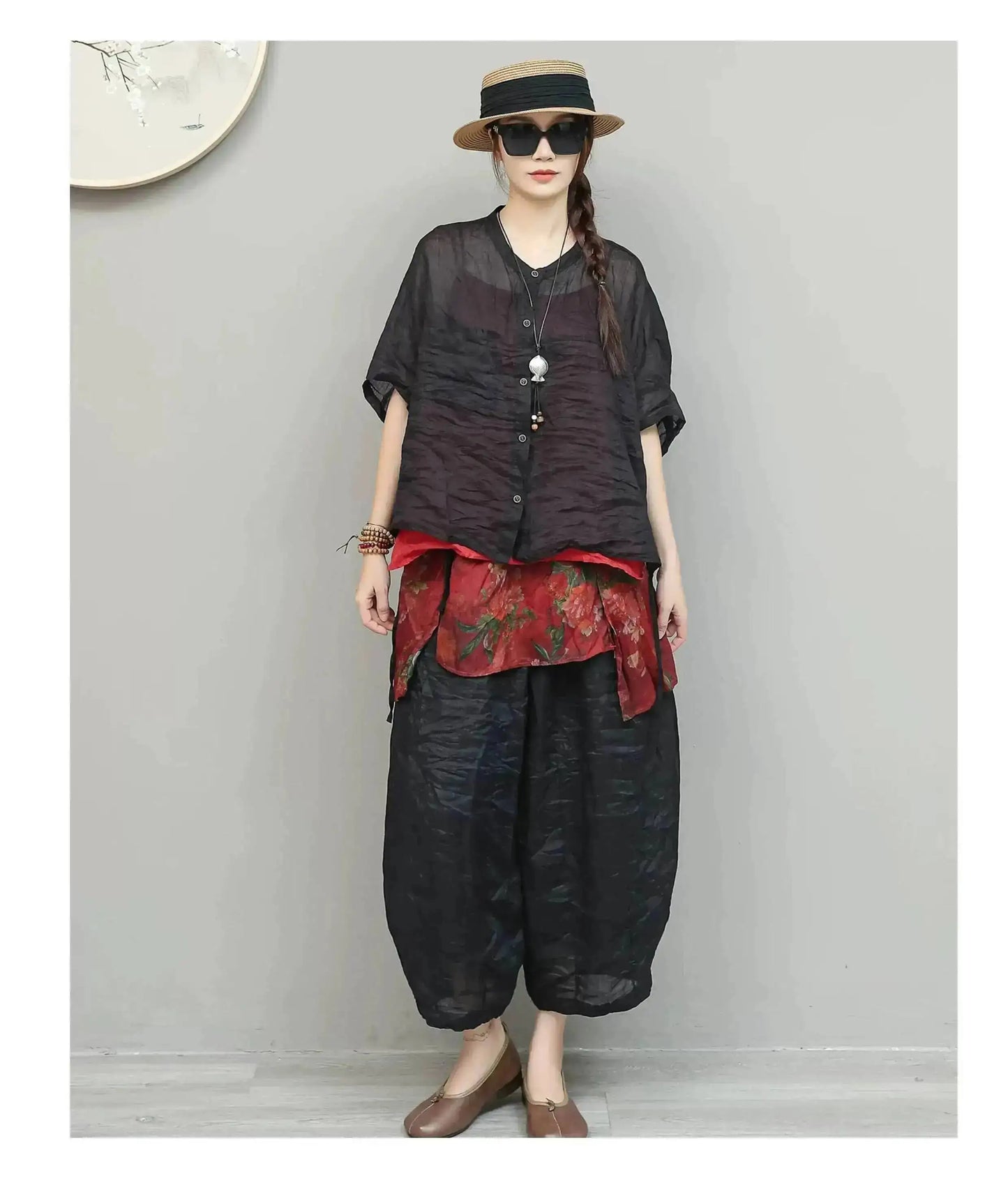 Lightweight Ramie Pant Women Summer Loose Wide-leg Cropped Pants Black LX5765