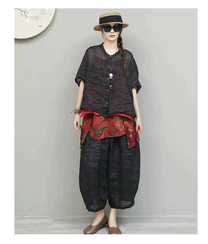 Lightweight Ramie Pant Women Summer Loose Wide-leg Cropped Pants Black LX5765