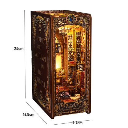 DIY Book Nook Shelf Insert Kit 3D Wooden Puzzle Doll House Assembly Building Model Bookends With Furniture LED Light Xmas Gifts