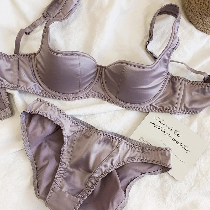 Sexy small half cup top support retro style niche underwear set bra glossy bralette with steel ring women lingerie panty suit