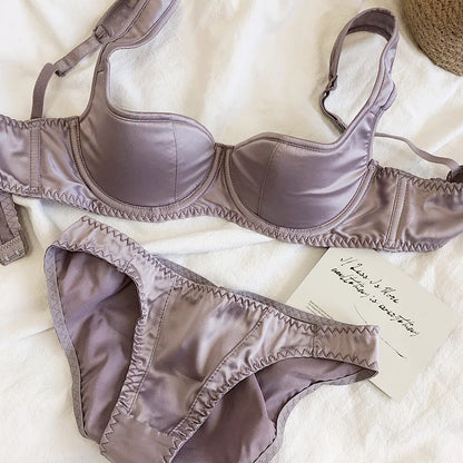 Sexy small half cup top support retro style niche underwear set bra glossy bralette with steel ring women lingerie panty suit