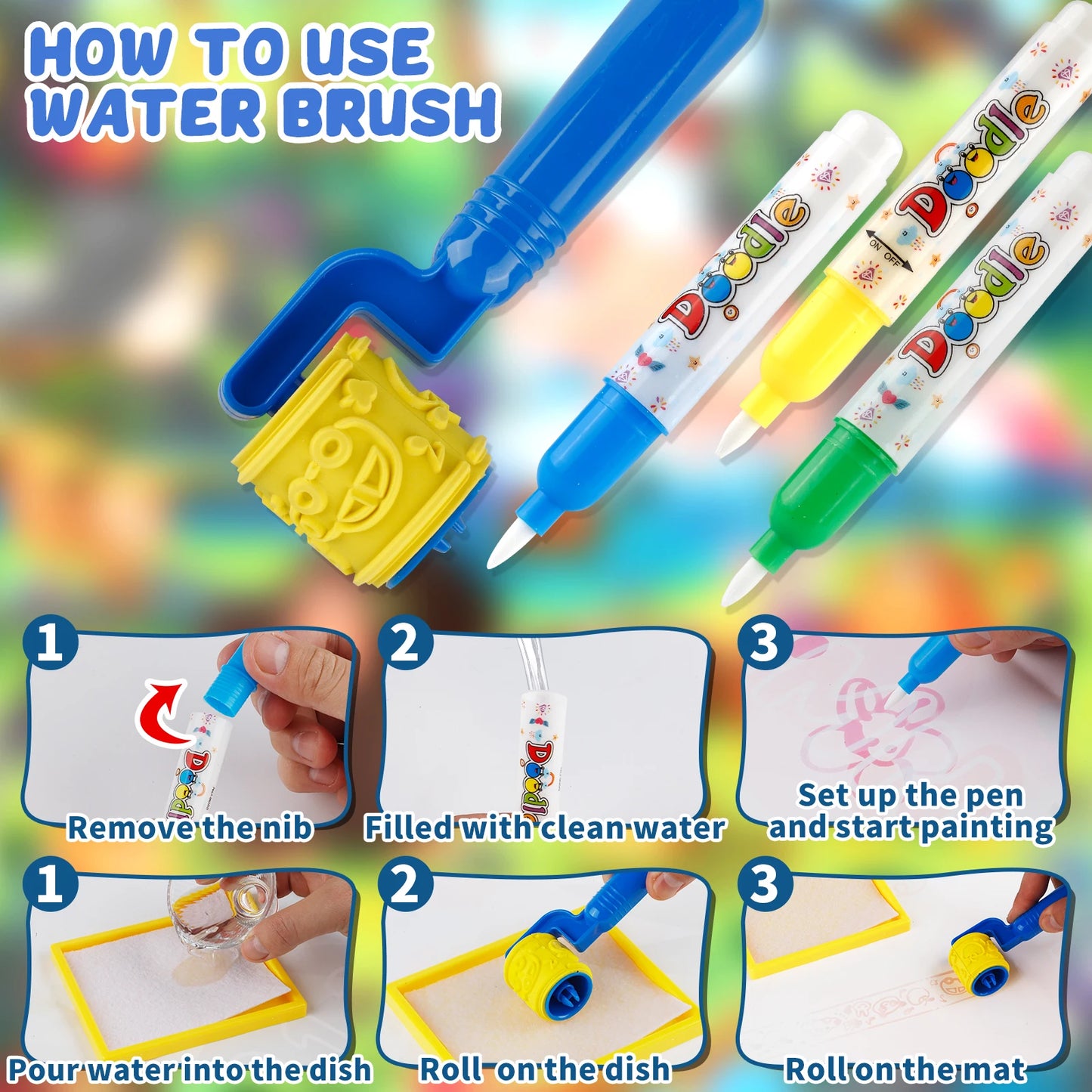 MQUDUO Kids Water Doodle Mat with Magic Pens, Reusable Mess Free Drawing Pad for Alphabet Learning Art Play
