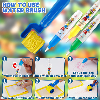 MQUDUO Kids Water Doodle Mat with Magic Pens, Reusable Mess Free Drawing Pad for Alphabet Learning Art Play