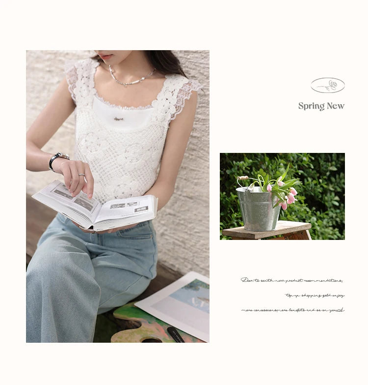 ALXNAN White Tank Tops 2026 Summer Elegant Cotton Women's Camisole Lace Fake Two-piece Design Chic Sleeveless Tops Ladies L53815
