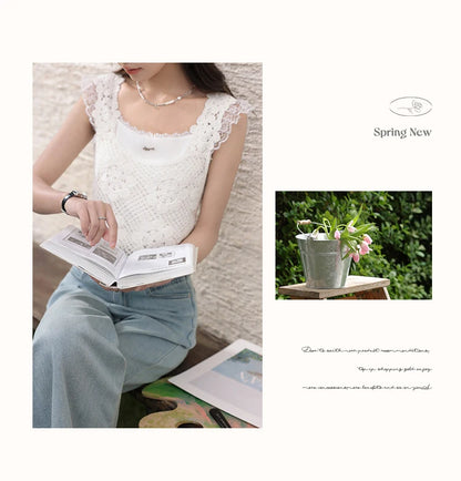 ALXNAN White Tank Tops 2026 Summer Elegant Cotton Women's Camisole Lace Fake Two-piece Design Chic Sleeveless Tops Ladies L53815