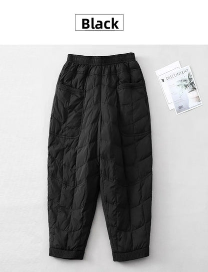 Women's Quilted Pants Casual Lightweight Thickened Warm Harem Style Straight Leg High Waist Long Trousers Winter Fashion