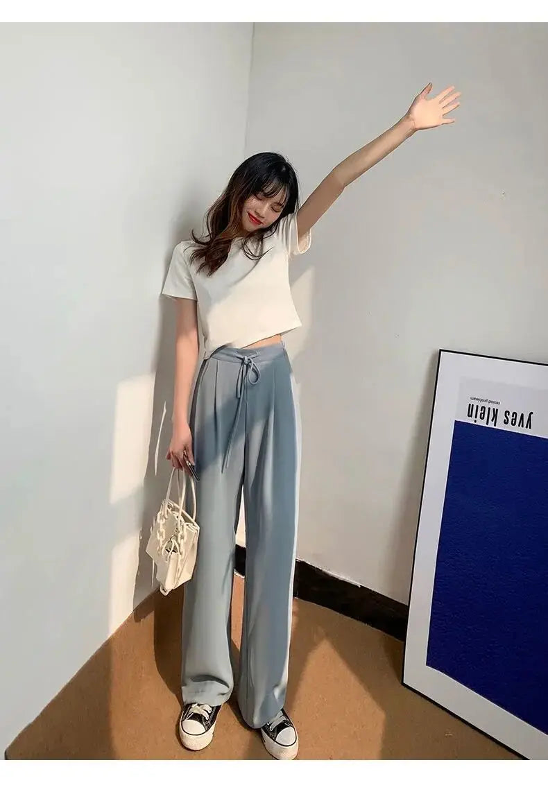 Ice Silk High Waist Wide Leg Pants Women Summer Loose Thin Straight Casual Trousers Korean Style Polyester Fiber Skin-friendl...