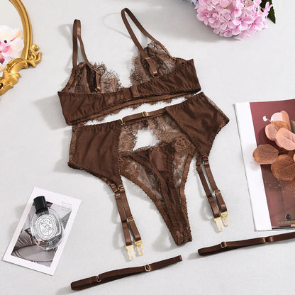 Ellolace Solid Lingeries Sexy Hot Elegant Bra Belt Thong 3PC with Leg Circles Cute Intimate Seductive Lace Tempted Underwear