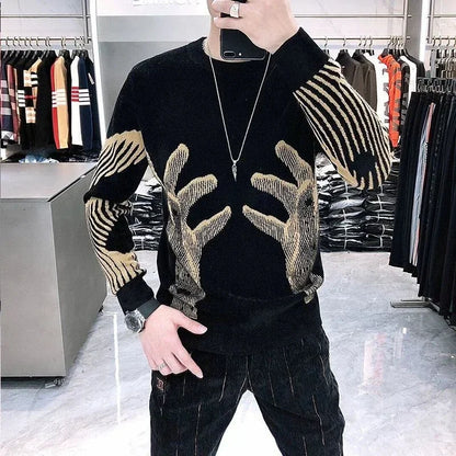 Men's Clothing Crewneck Hippie Graphic Black Pullovers Knit Sweater Male Round Collar Warm Korean Style Elegant Maletry Fun Old