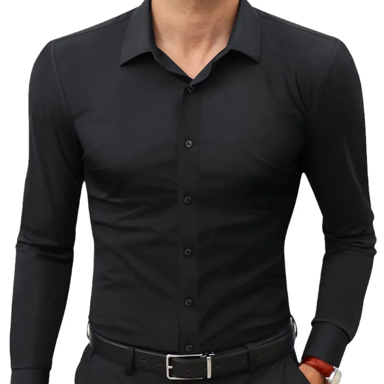 50-130KG non-ironing four-sided elastic men's shirt fashion business dress casual men's long-sleeved solid color shirt