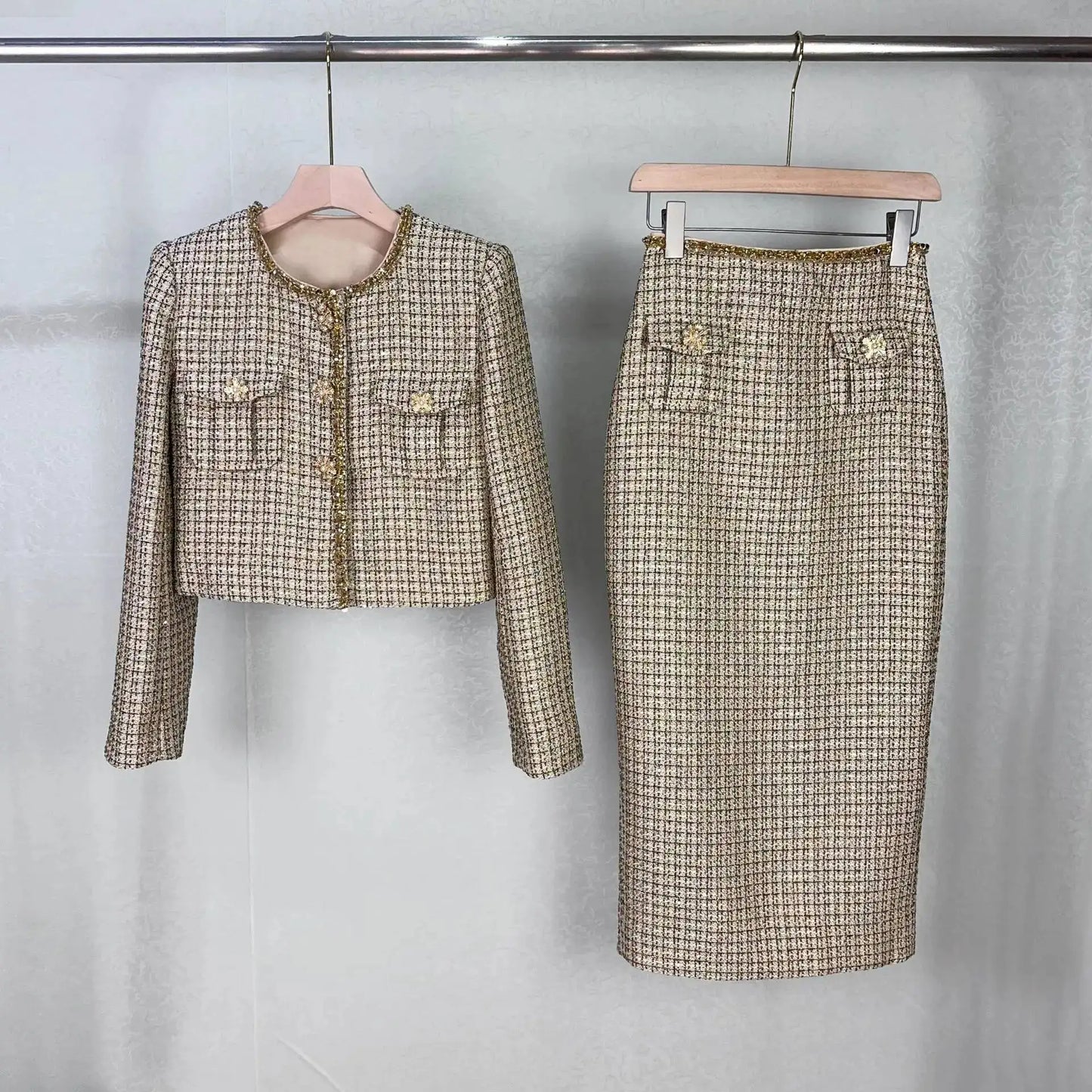 Autumn Winter Small Fragrant Style Gold Plaid Coarse Knitted Two Piece Set Women Suit Coat Tweed Jackets Midi Long Skirts Sets