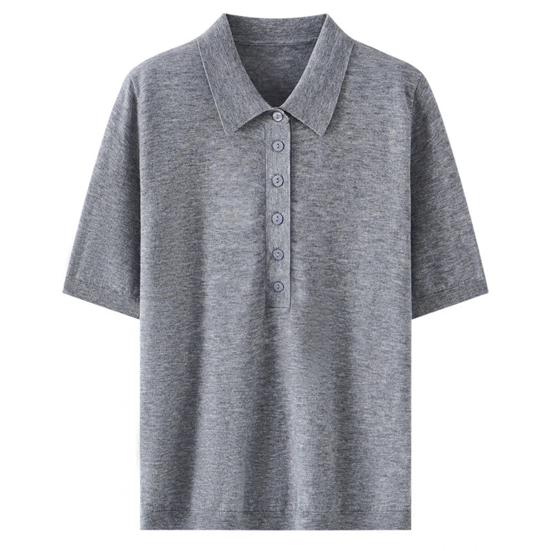 100% fine spun wool women's T-shirt summer solid knitted pullover Jumper sweater short sleeved loose Polo collar Tees Pull Tops