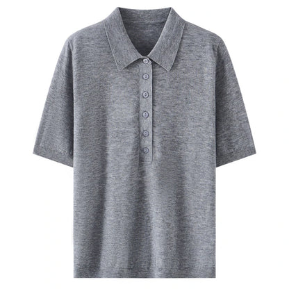 100% fine spun wool women's T-shirt summer solid knitted pullover Jumper sweater short sleeved loose Polo collar Tees Pull Tops