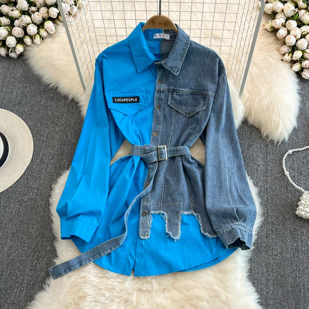 Retro Hong Kong Sle Casual Mid-Length Women's Denim irt with Belt Spring New Faion Chic Loose Fit Pure Color  Collar