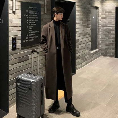 Mauroicardi Autumn Winter Long Casual Brown Black Soft Thick Warm Woolen Coat Men Sashes Luxury Designer Plus Size Overcoat 5XL