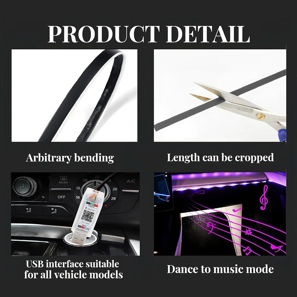 Acrylic RGB Car Led Interior Light Strip with USB Ambient Light Flexible Atmosphere Lighting Sound APP Control Car Decoration
