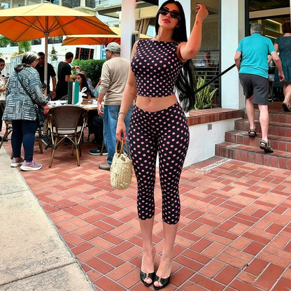 Women's Fashion Polka Dot Slim 2 Piece Set Summer Sleeveless Vest Elastic Waist Pant Suits For Womens Party Casual Streetwear