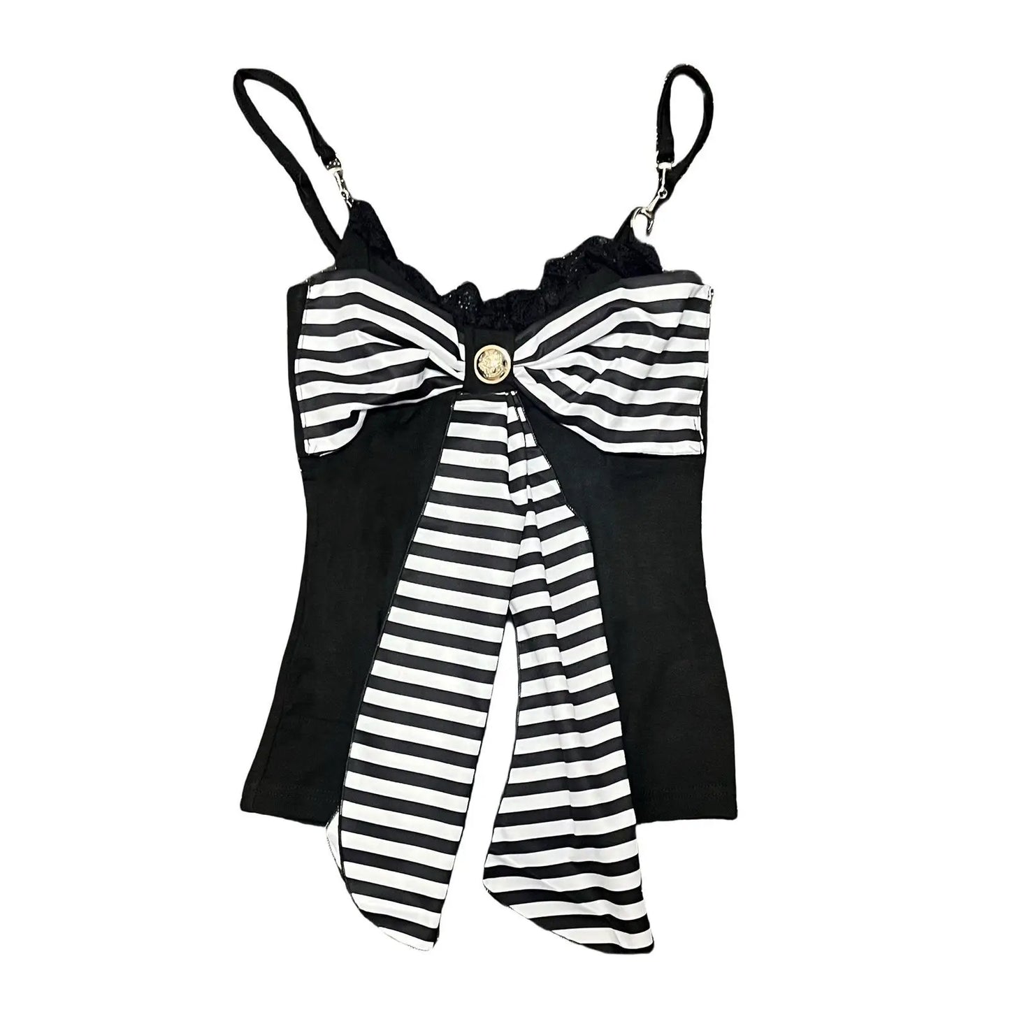Goth Punk Y2K Clothes 2000s Stripes Lace-up Large Bows Slim Tank Tops Design Tops Streetwear Sexy Camis T-shirts Cute Halter Top