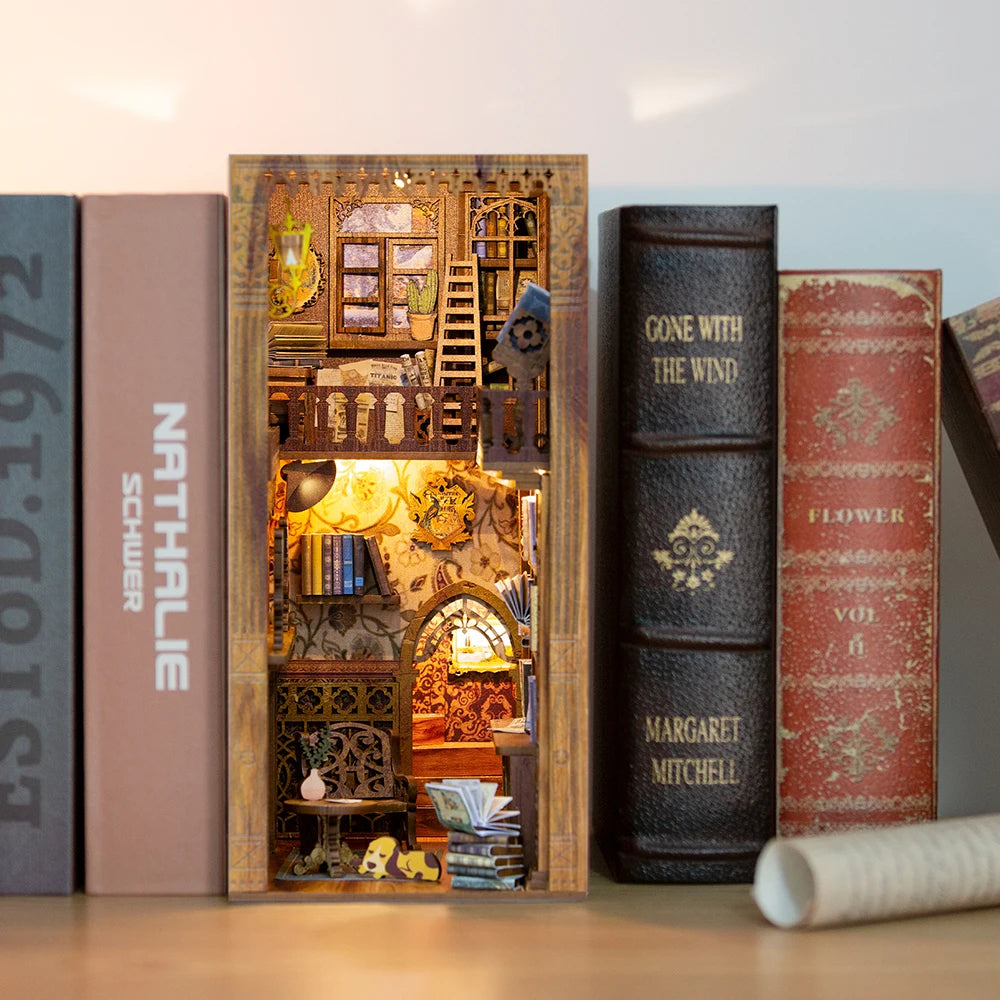 Cutebee DIY Book Nook Miniatures Shelf Insert Dollhouse Model Roombox Building Kit Wooden Bookshelf Toys Bookend for Xmas Gifts