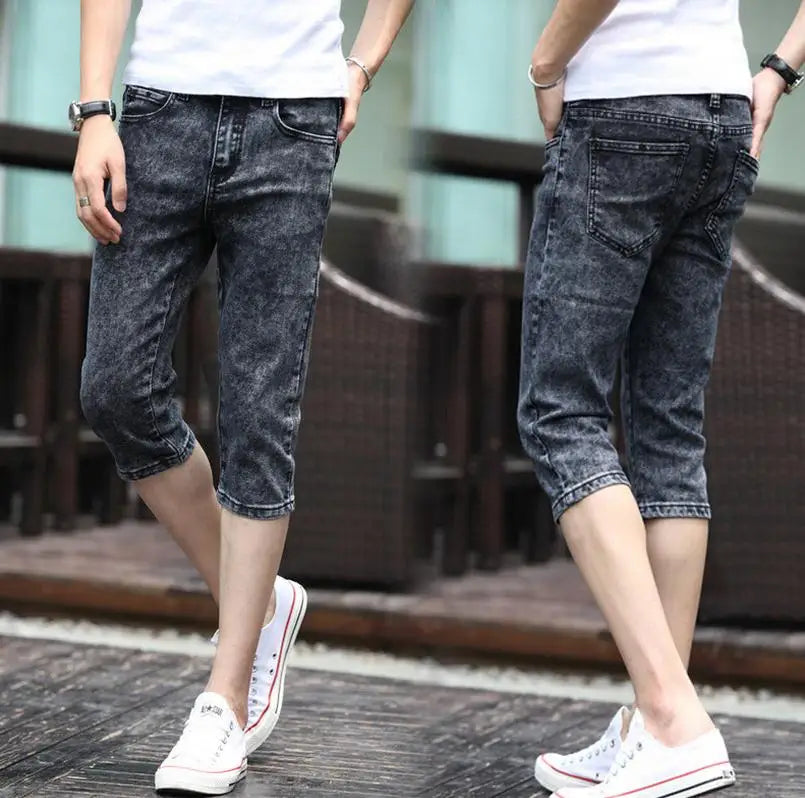 Summer 2022 Fashion Men Jeans Grey Slim Fit Capric Calf-Length Teenagers Boys Hip Hop Jeans Homme 28-34