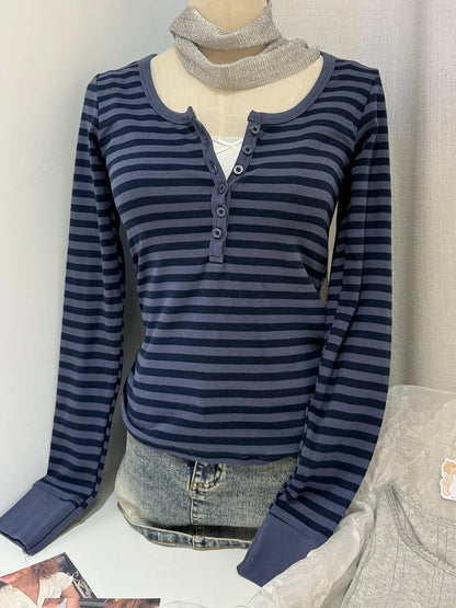 Navy Striped 2 Piece Sets Women Vintage Buttons Cotton Long Sleeve Tee Straight Trousers Home Sweet T-shirt Pant Pajama Set Y2K