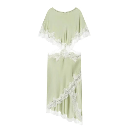 New Women Sexy Cut Out Dresses Solid Lace Spliced Short Cape Sleeve Asymmetric Midi Dresses Summer Ladies Elegant Party Dress
