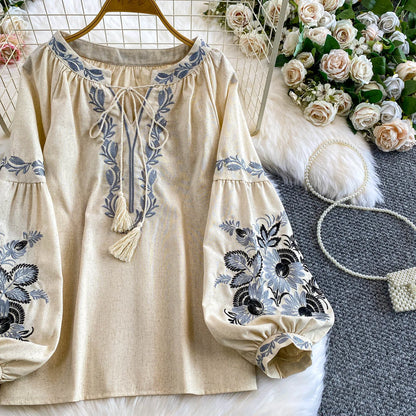 Bohemian Vacation Style Women's Shirt round Neck Lantern Sleeve Embroidery Heavy Work Autumn Design Sense Knot Design Top