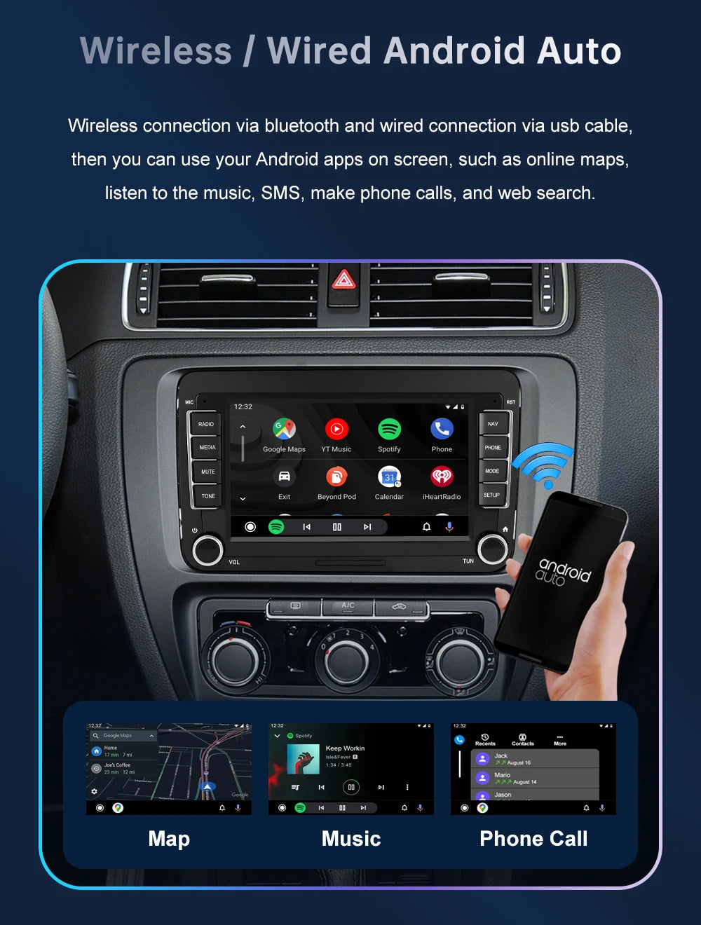 Road Top 7" HD Car Radio Wireless CarPlay Android Auto Stereo Audio For Volkswagen/Seat/Skoda/Passat/Golf/Polo Player