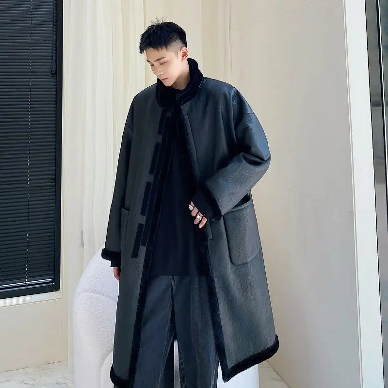 New Faux Fur-Lined Trendy Warm Winter Men's Coat Faux Fur Jacket  Fleece Lining Thickened Long Trench Coat Faux Leather Jacket
