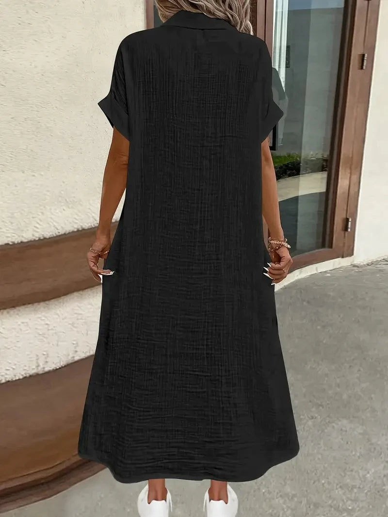 Women's 2025 casual Summer Shirt Dresses Short Sleeve Solid Color Dress