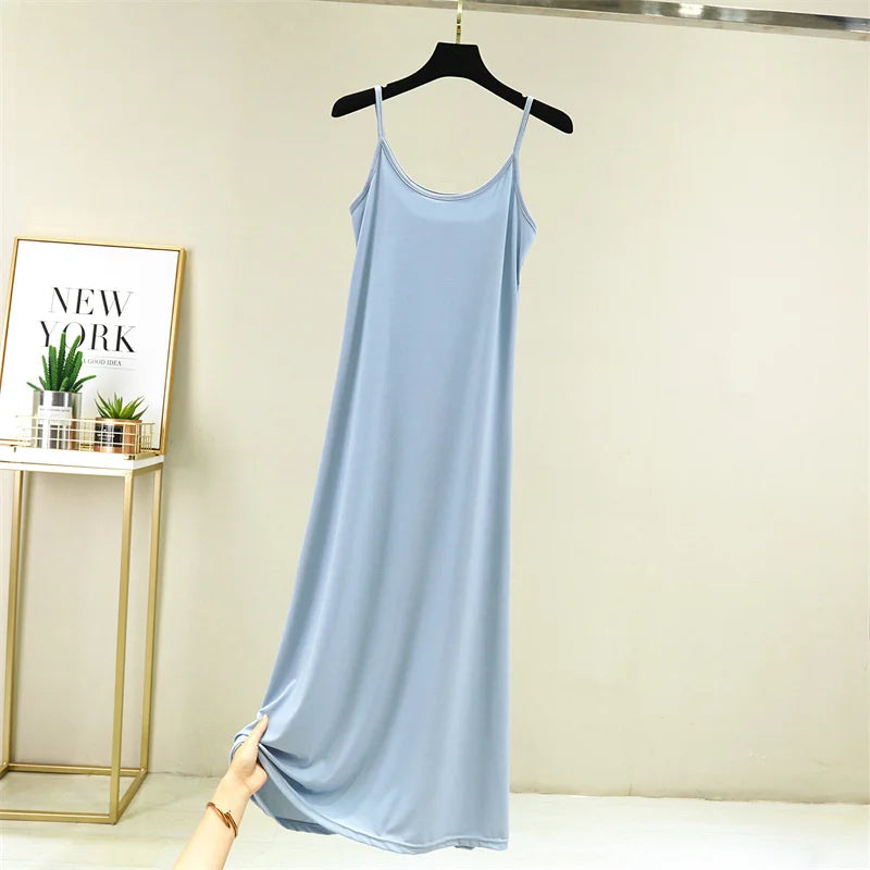 Summer Thin Ice Silk A-Line Dress Women's Casual Long Gown Inner Wear Vest Dress plus Size Korean Style Loose Waist Design