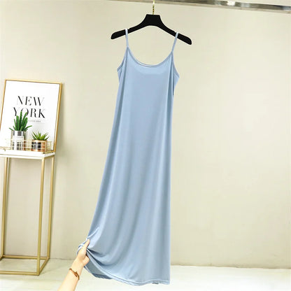 Summer Thin Ice Silk A-Line Dress Women's Casual Long Gown Inner Wear Vest Dress plus Size Korean Style Loose Waist Design