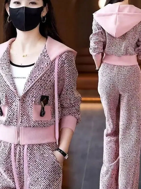 Brand Women's Autumn Sweater Jacket Wide Leg Pants Two-Piece Set Korean Style Loose Fit Long Sleeve Zipper Closure Fashion En...