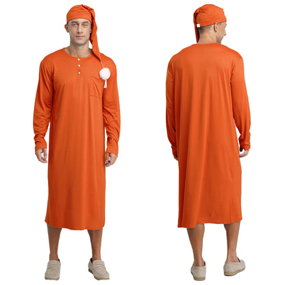 Mens Solid Color Long Sleeve Sleep Robe with Night Cap Round Neck Big & Tall Nightshirts Home Loungewear Pajamas Sleepwear