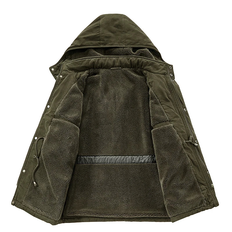 Winter Men Pilot Jacket Fleece Spring Military Full-Zip Removable Hooded Cotton Flight Parka Jacket Fleece Lined Plush Warm Coat