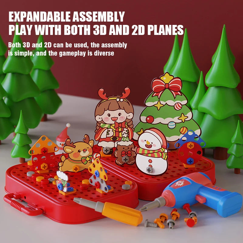 Christmas Pretend Repair Toolbox with Electric Screwdriver DIY 2D/3D Creative Building Puzzle Toy Screw Tool Set for Kids Gifts