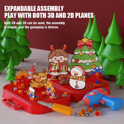 Christmas Pretend Repair Toolbox with Electric Screwdriver DIY 2D/3D Creative Building Puzzle Toy Screw Tool Set for Kids Gifts