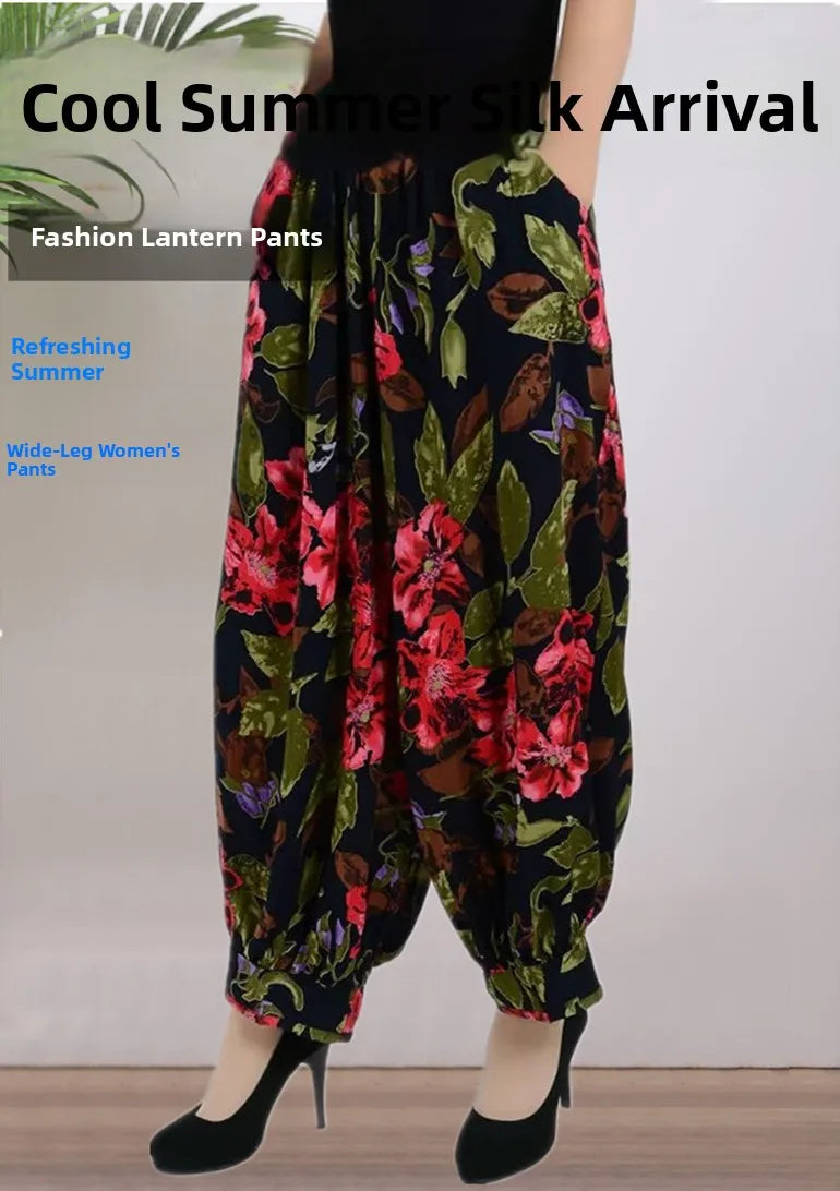 High Waist Lantern Pants Casual Cotton Silk Large Size Printed Long Trousers for Middle-Aged And Elderly Women