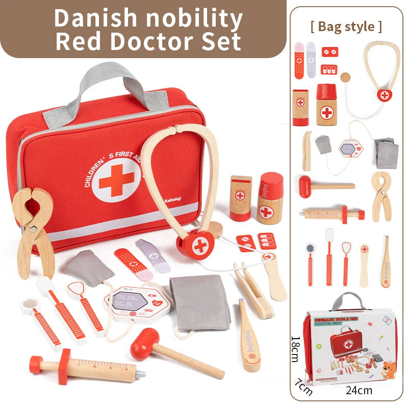 Red Wooden Doctor Toy Set - Imaginative Role Play and Fine Motor Skills for Children Aged 3 and Up Gift Box or Drawstring Bag