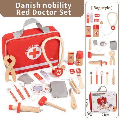 Red Wooden Doctor Toy Set - Imaginative Role Play and Fine Motor Skills for Children Aged 3 and Up Gift Box or Drawstring Bag