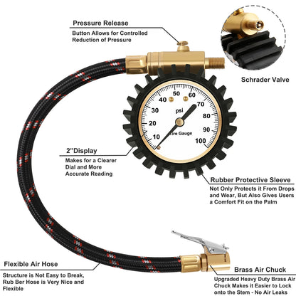 Tire Pressure Gauge 100psi with Clip On Chuck ATsafepro  2 inch Dial Accuracy Analog Tire Gauge Convenient Pressure Reading