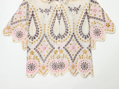 European and American 2026 summer new women's casual simple lapel short sleeved hollow embroidery short shirt