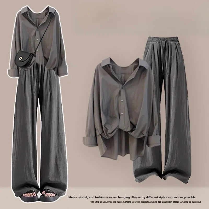 Summer Vintage plus Size Set Women's Fashion Asymmetrical Long Sleeve Thin Shirt Versatile Slimming Casual Pants Two Piece Set