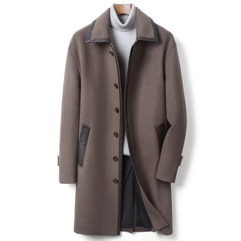 YOLANFAIRY Korean High-end Cashmere Coats for Men Autumn Winter Mid-length 95% Wool Trench Coat Spliced Sheepskin Leather Jacket