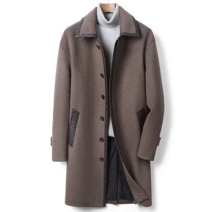 YOLANFAIRY Korean High-end Cashmere Coats for Men Autumn Winter Mid-length 95% Wool Trench Coat Spliced Sheepskin Leather Jacket