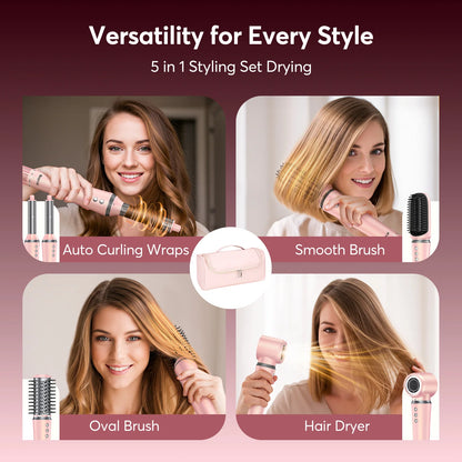 5 in 1 Hot Air Styler Wrap with Travel Bag- 1200W Professional High-Speed Hair Dryer Brush with Auto Wrap Curlers Fast Drying